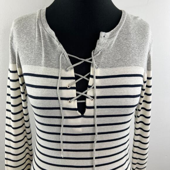 MAJESTIC FILATURES Lace Up Gray Deluxe Tee Shirt Long Sleeve Stripe Size 1 RARE - Picture 3 of 10